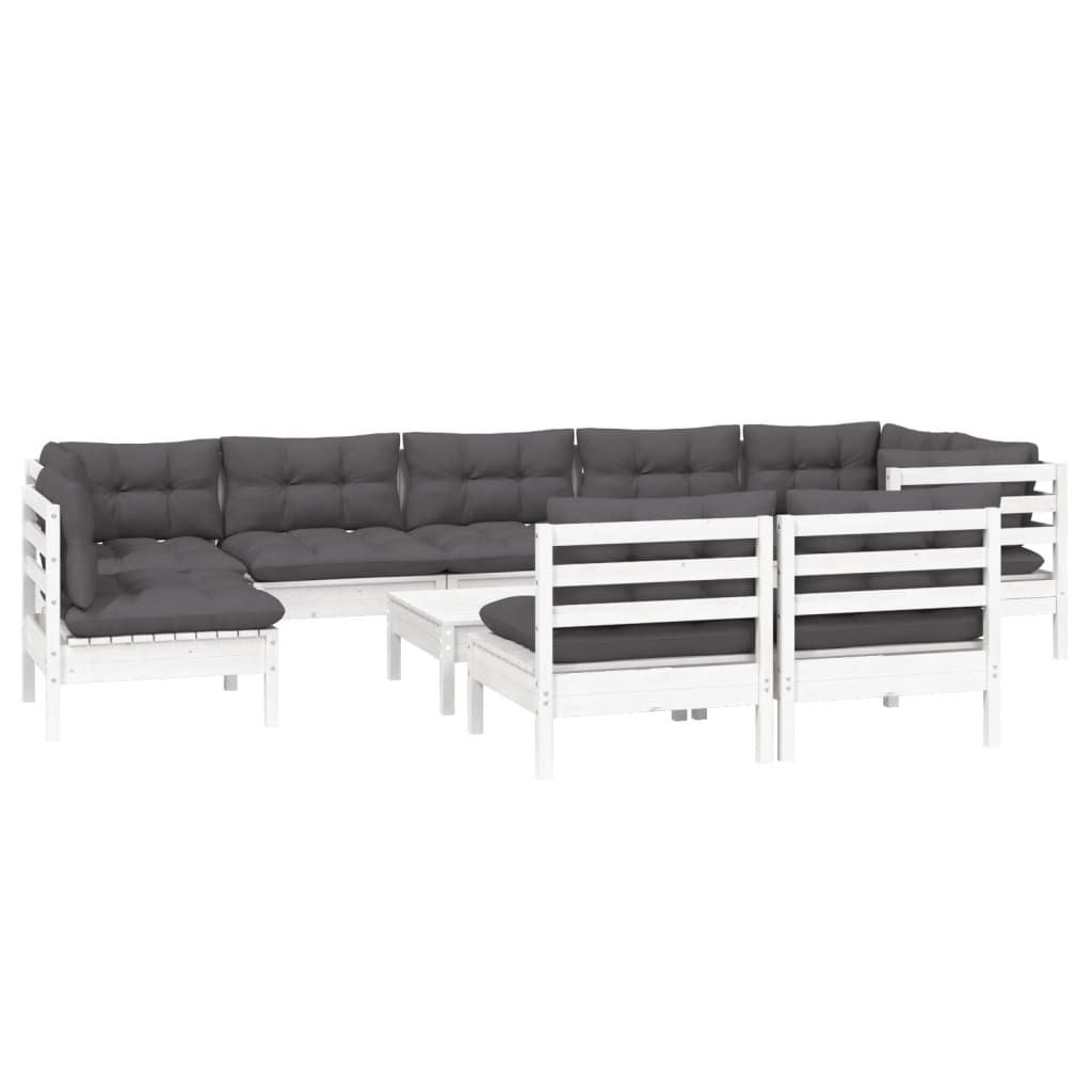 10 pcs conj. lounge de jardim c/ almofadões pinho maciço branco