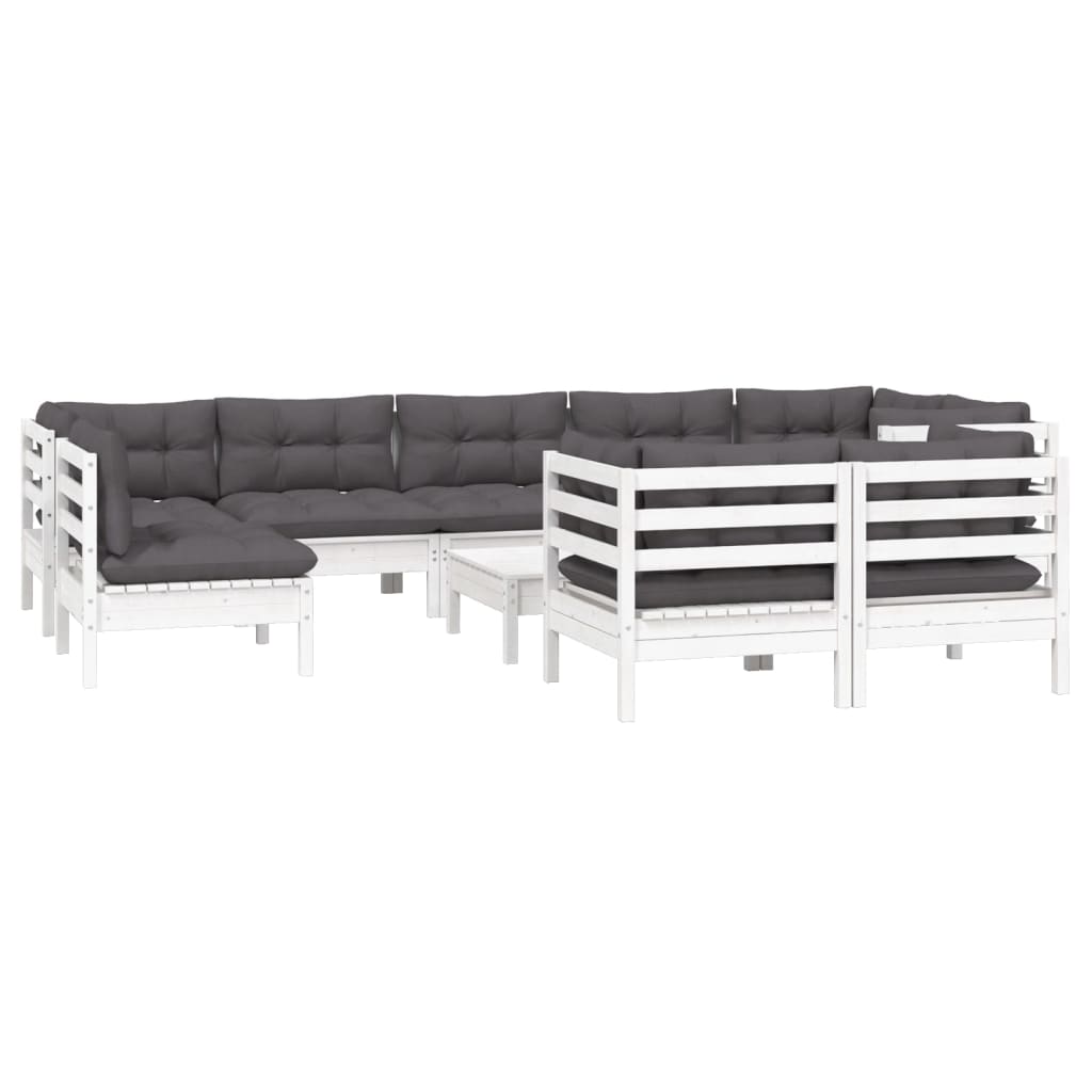 10 pcs conj. lounge de jardim c/ almofadões pinho maciço branco