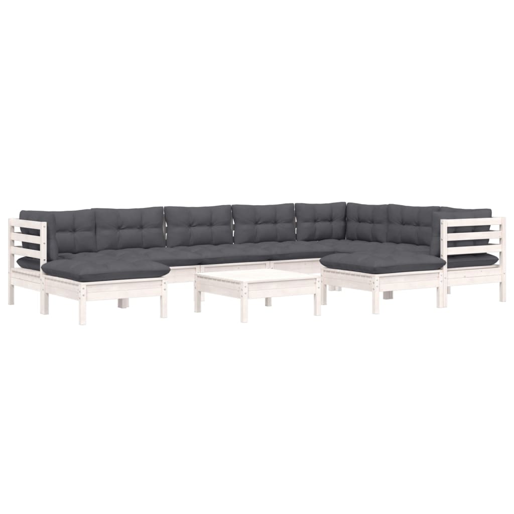 10 pcs conj. lounge de jardim c/ almofadões pinho maciço branco