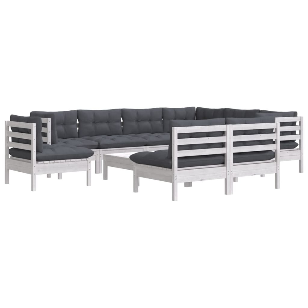 10 pcs conj. lounge de jardim c/ almofadões pinho maciço branco