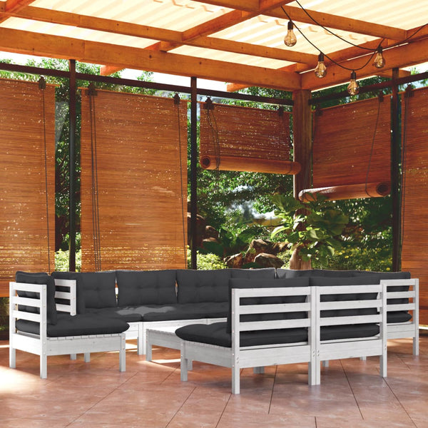 10 pcs conj. lounge de jardim c/ almofadões pinho maciço branco