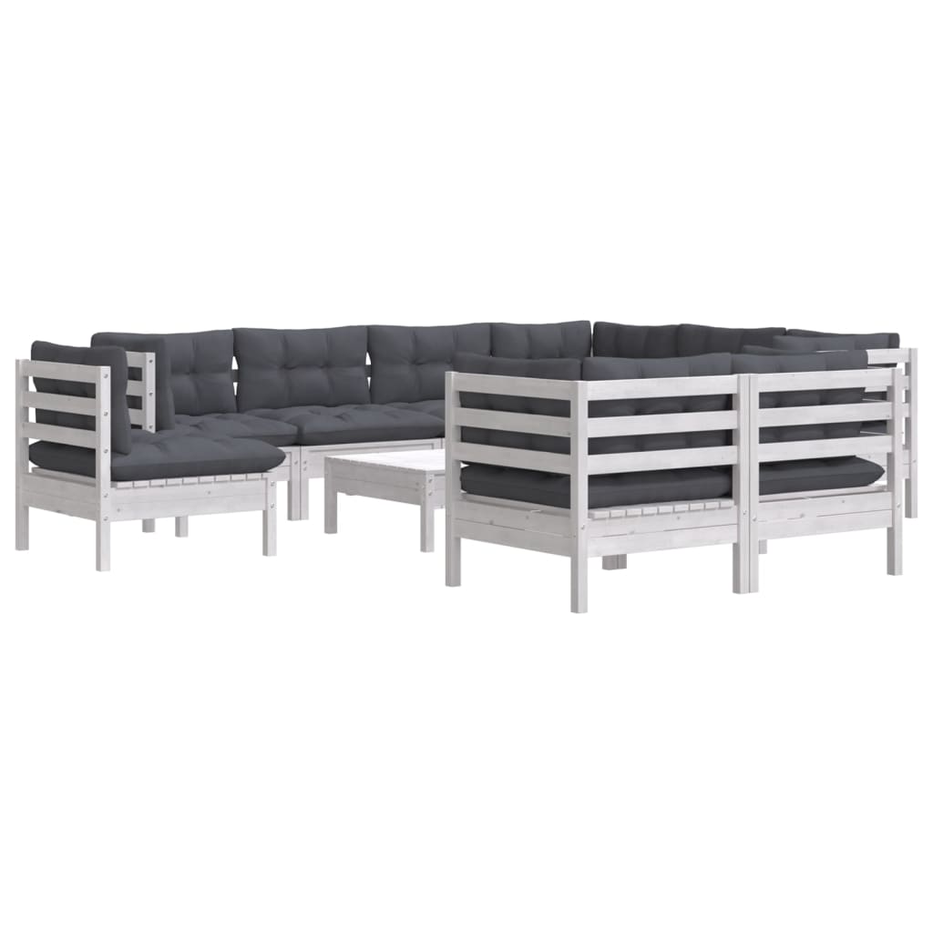 10 pcs conj. lounge de jardim c/ almofadões pinho maciço branco