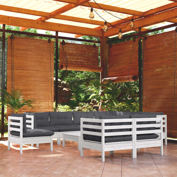 10 pcs conj. lounge de jardim c/ almofadões pinho maciço branco