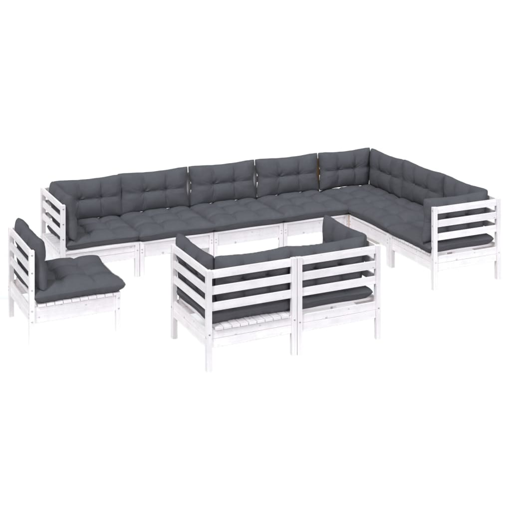 10 pcs conj. lounge de jardim c/ almofadões pinho maciço branco