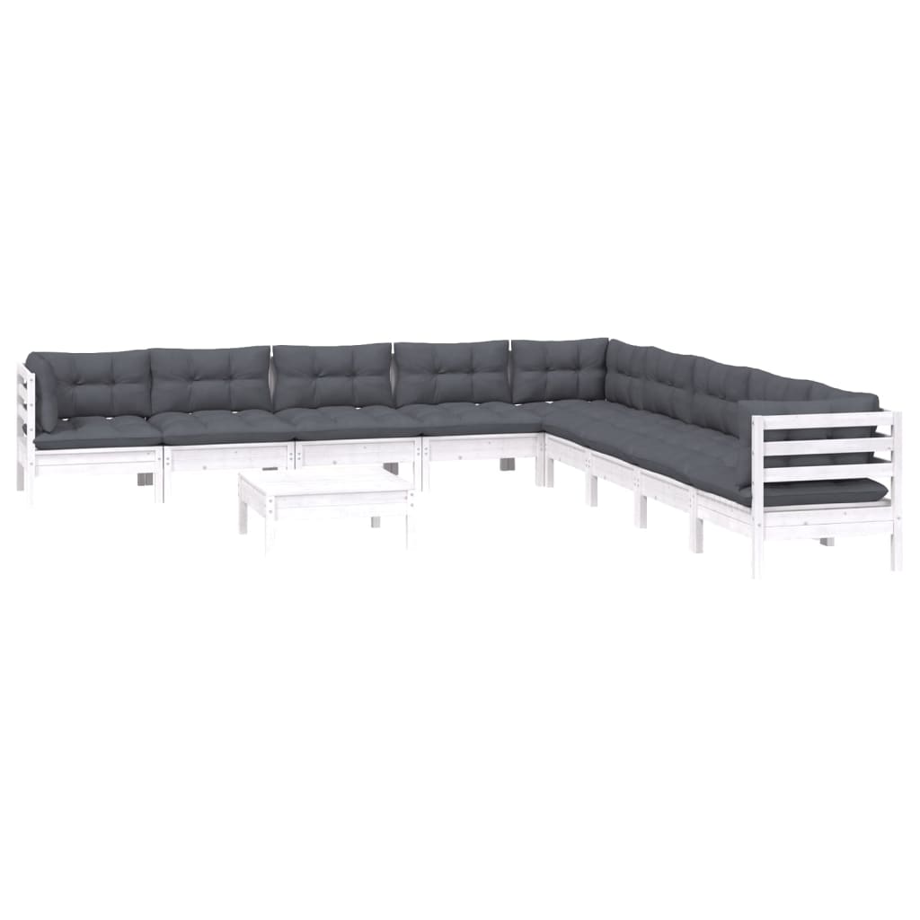10 pcs conj. lounge de jardim c/ almofadões pinho maciço branco