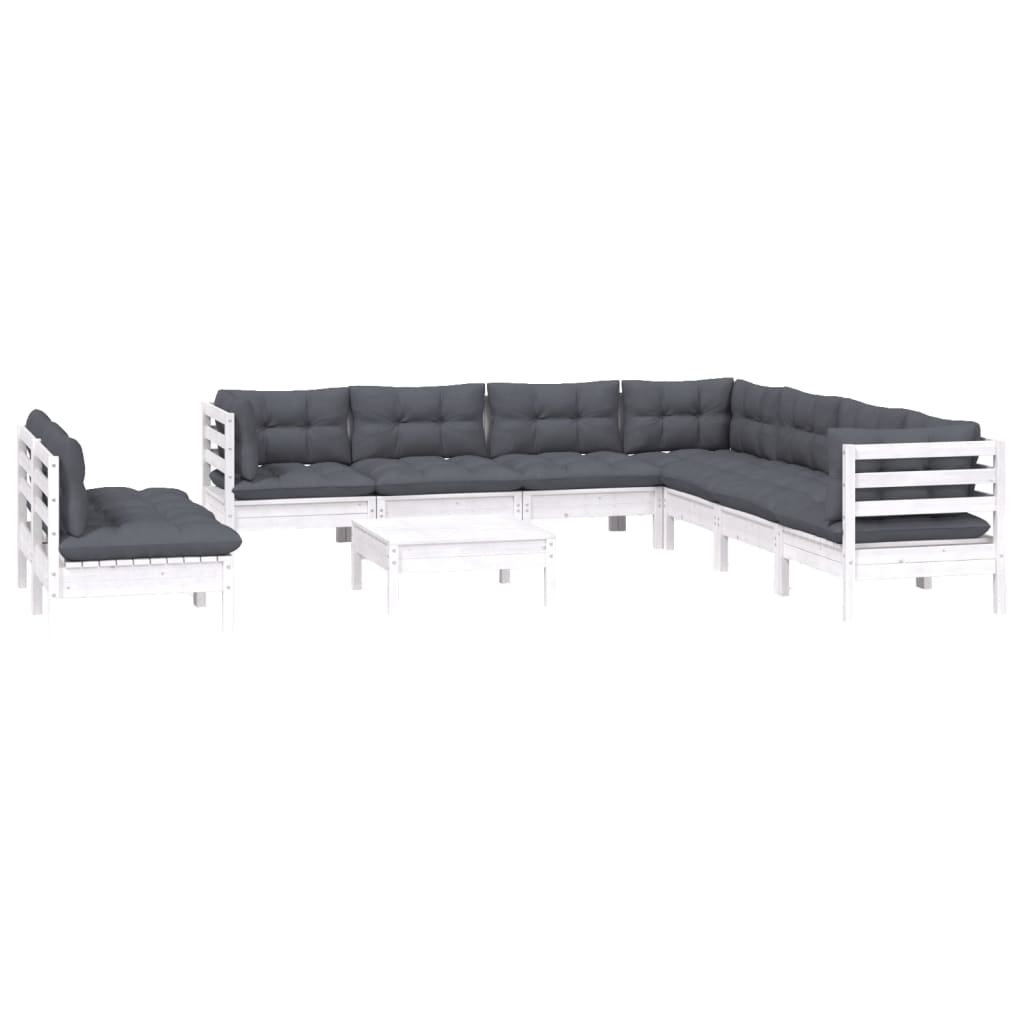 10 pcs conj. lounge de jardim c/ almofadões pinho maciço branco