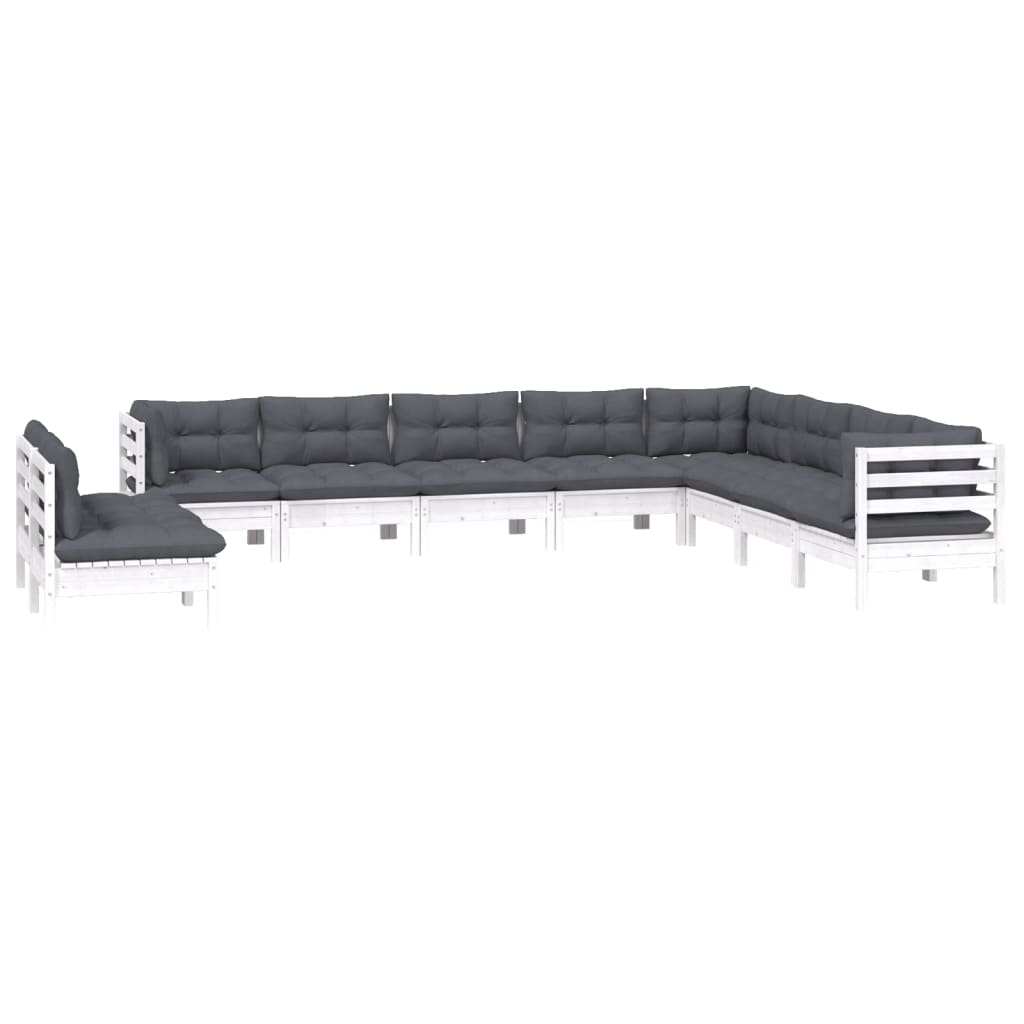 10 pcs conj. lounge de jardim c/ almofadões pinho maciço branco