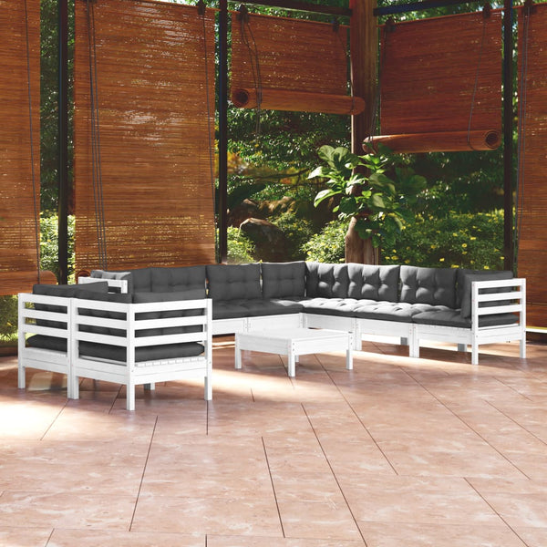 10 pcs conj. lounge de jardim c/ almofadões pinho maciço branco