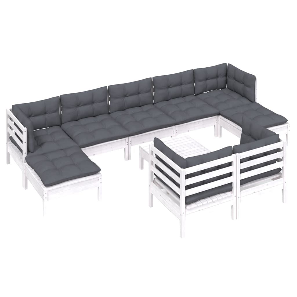10 pcs conj. lounge de jardim c/ almofadões pinho maciço branco