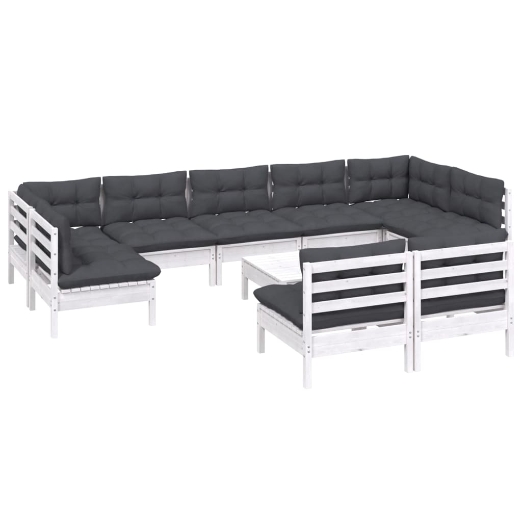 10 pcs conj. lounge de jardim c/ almofadões pinho maciço branco