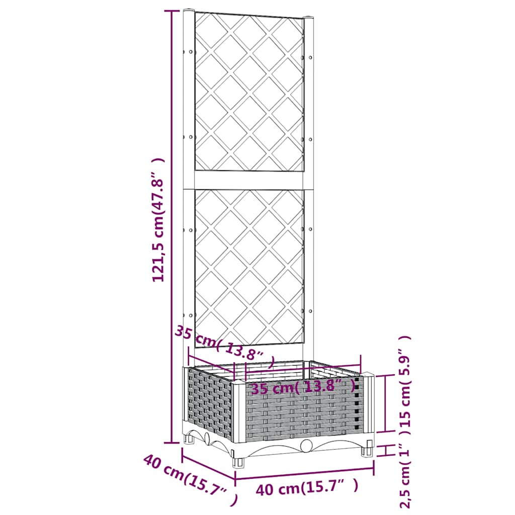 Vaso/floreira jardim c/ treliça 40x40x121,5 cm PP cinzento azul