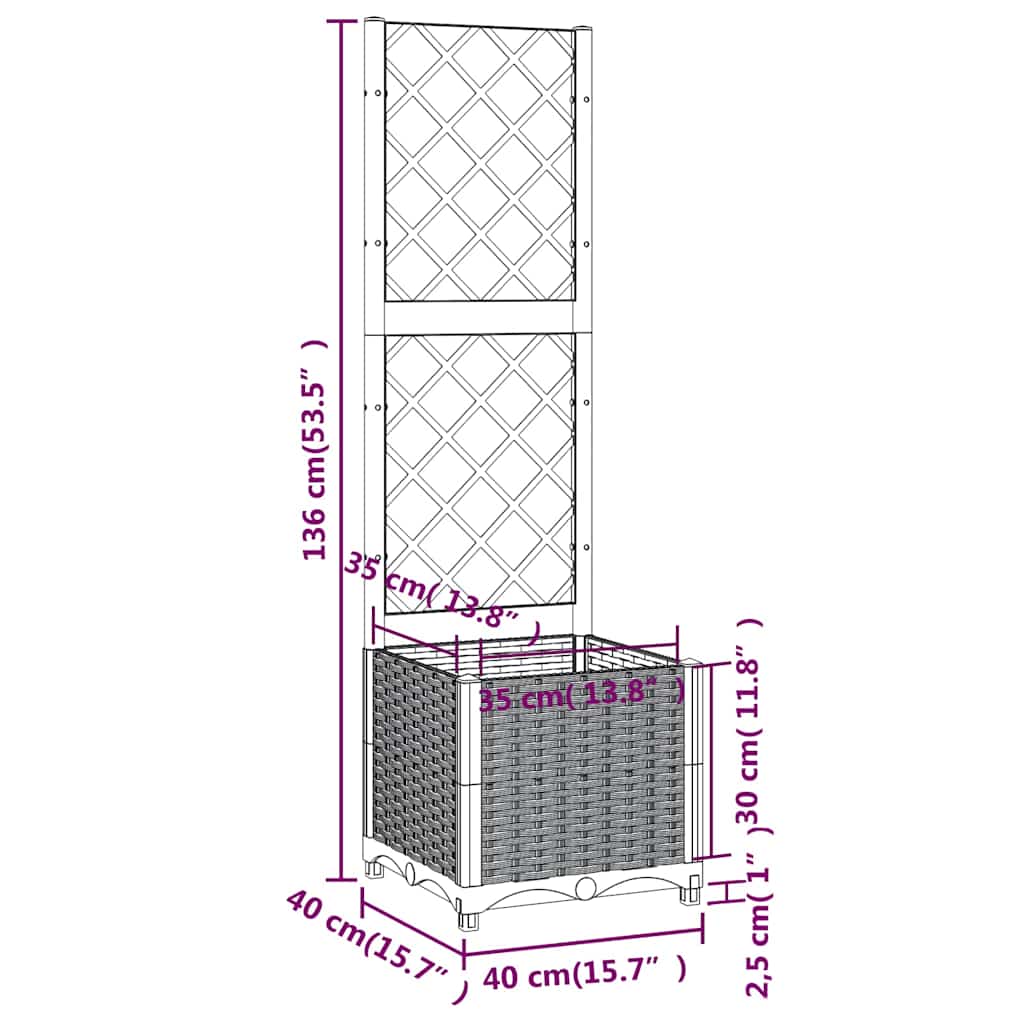 Vaso/floreira jardim c/ treliça 40x40x136 cm PP cinzento azul