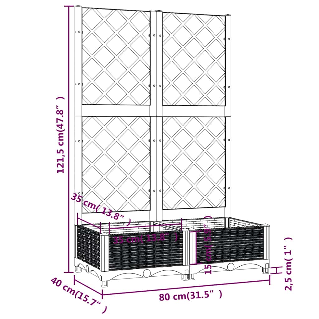 Vaso/floreira jardim c/ treliça 80x40x121,5 cm PP cinzento azul