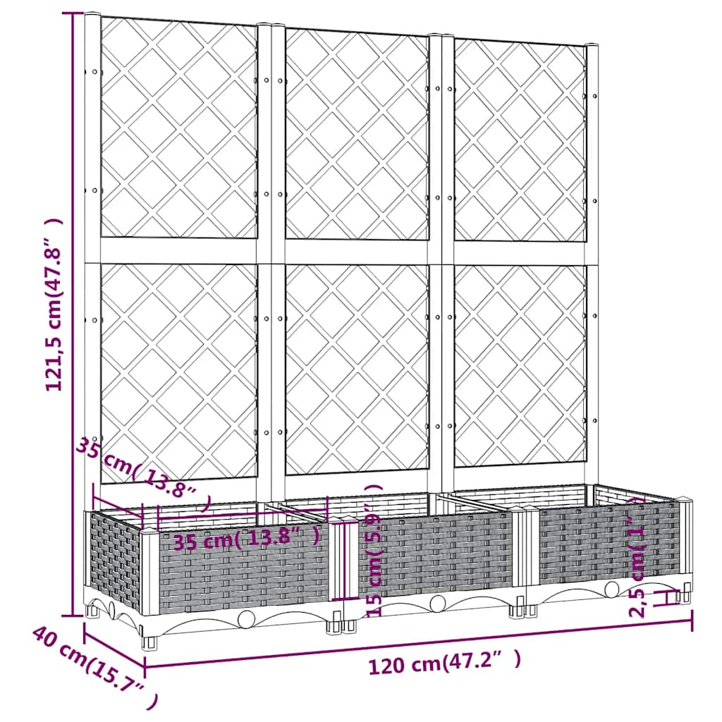 Vaso/floreira jardim c/ treliça 120x40x121,5 cm PP cinzento azul