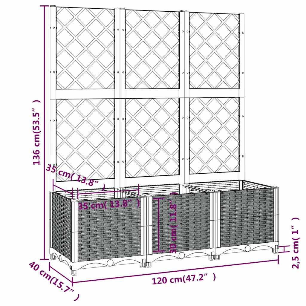 Vaso/floreira jardim c/ treliça 120x40x136 cm PP cinzento azul