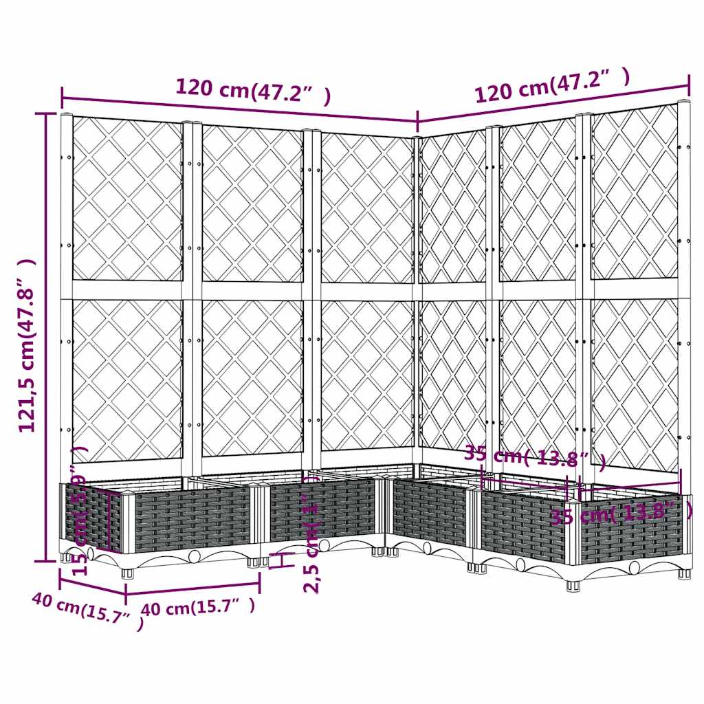 Vaso/floreira jardim c/ treliça 120x120x121,5cm PP cinzento azul
