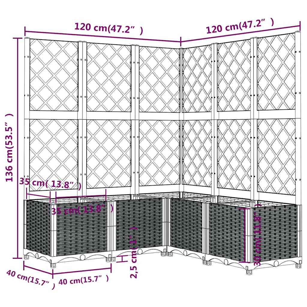 Vaso/floreira jardim c/ treliça 120x120x136 cm PP cinzento azul