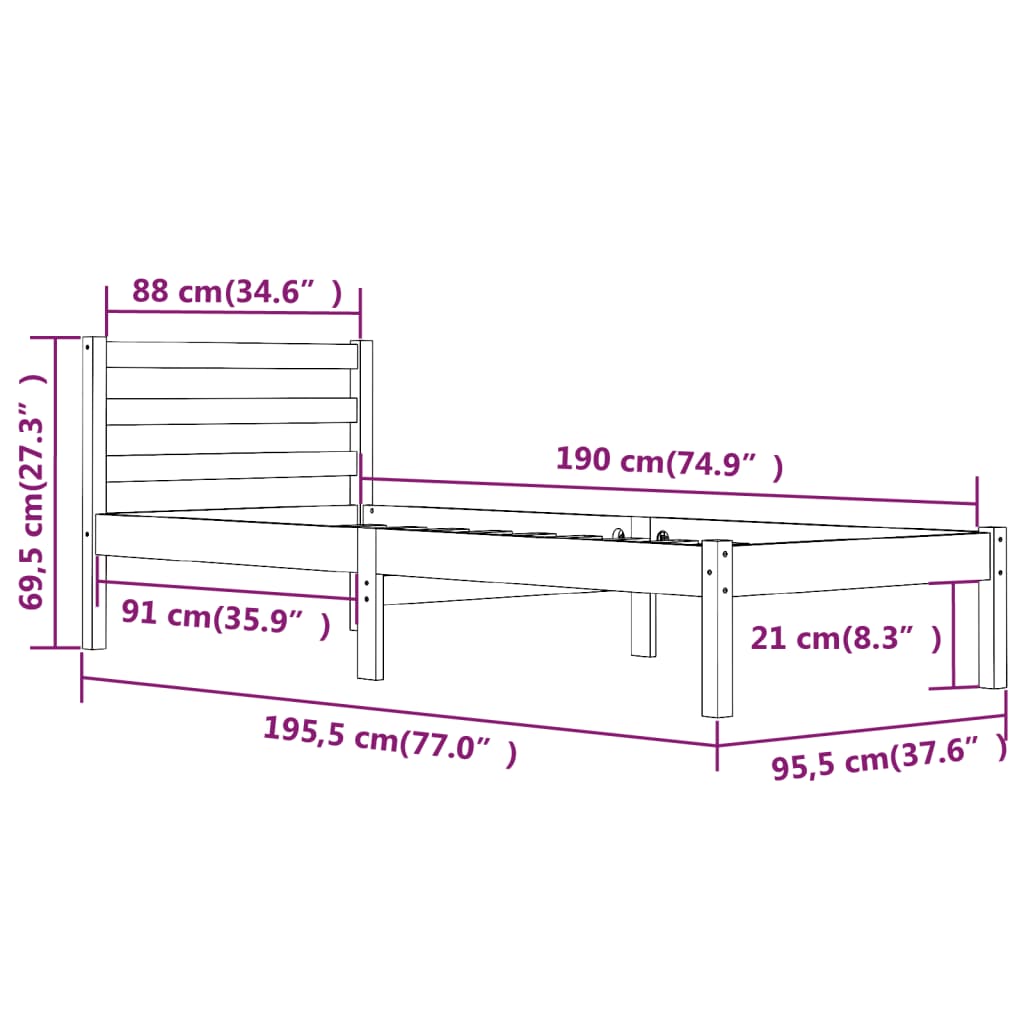 Estrutura de cama solteiro 90x190 cm pinho maciço branco