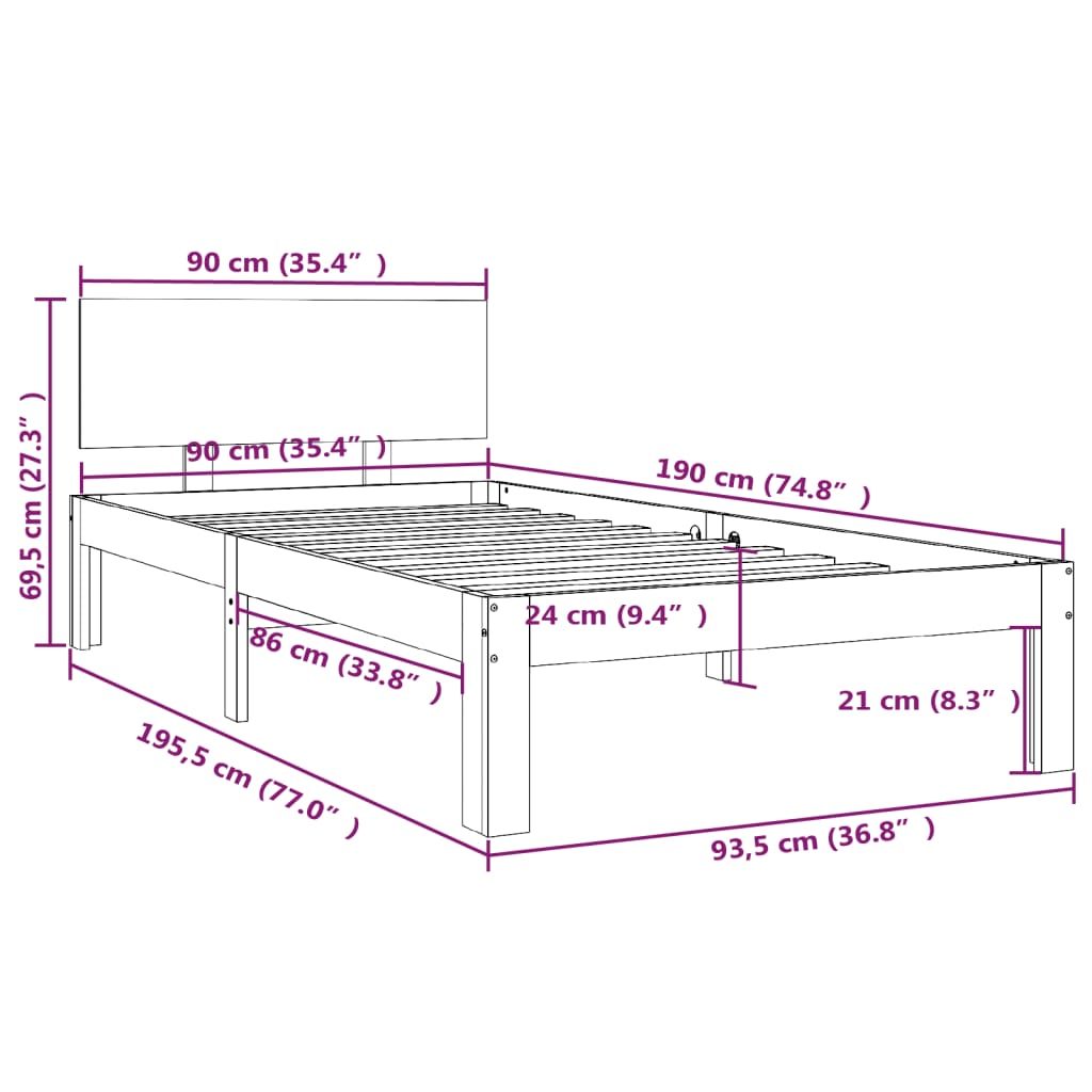 Estrutura de cama solteiro 90x190 cm madeira maciça