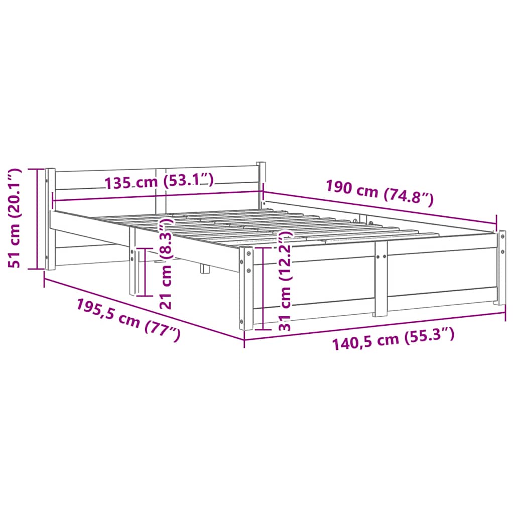 Estrutura de cama casal 135x190 cm madeira maciça preto
