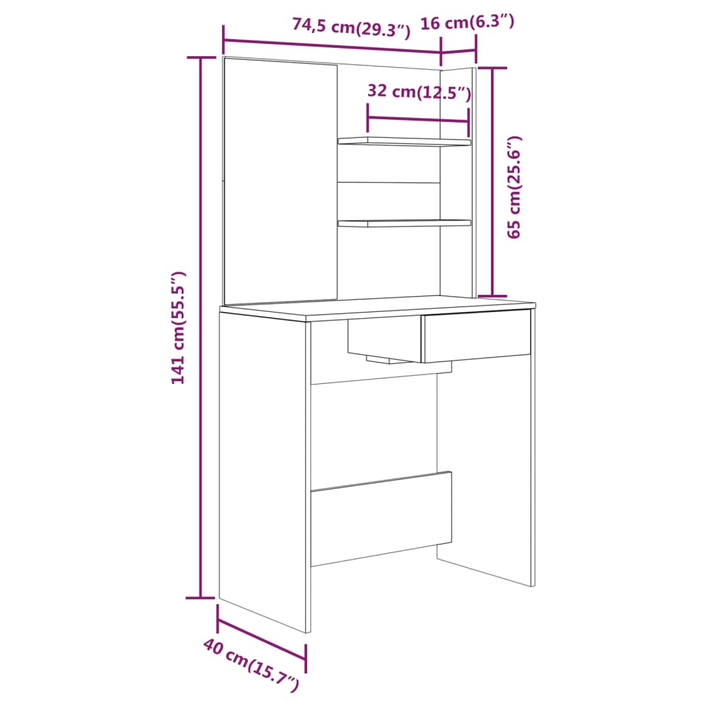 Toucador com espelho 74,5x40x141 cm branco