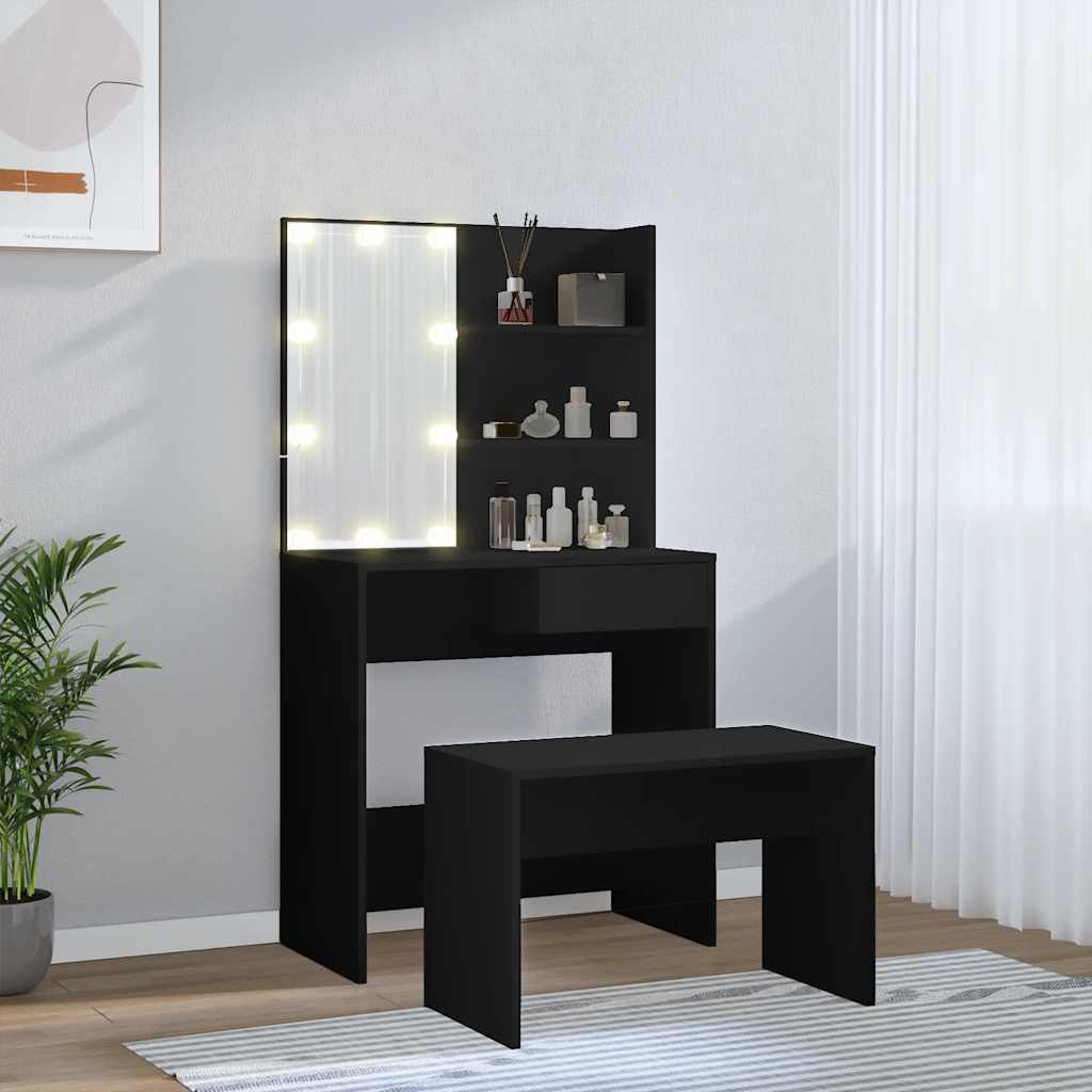 Conjunto de toucador com luzes LED derivados de madeira preto