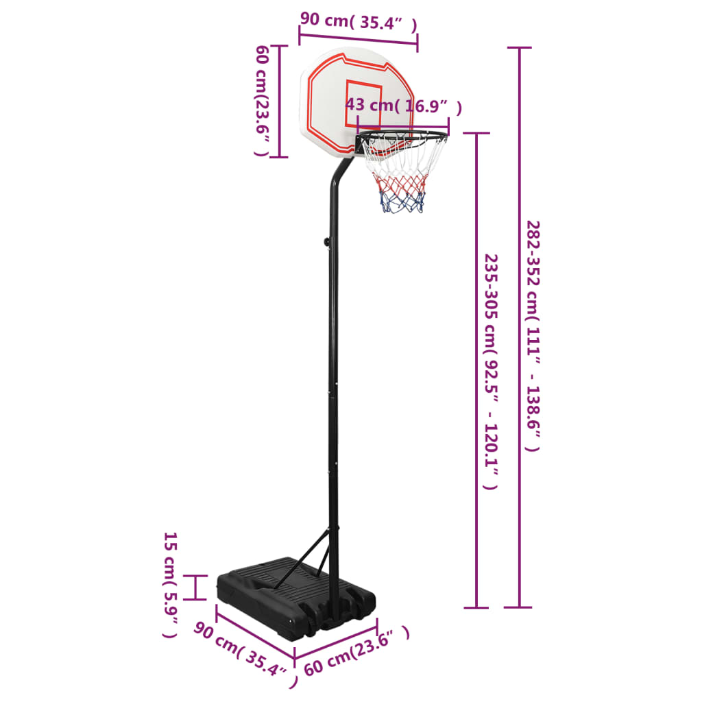Tabela de basquetebol 282-352 cm polietileno branco