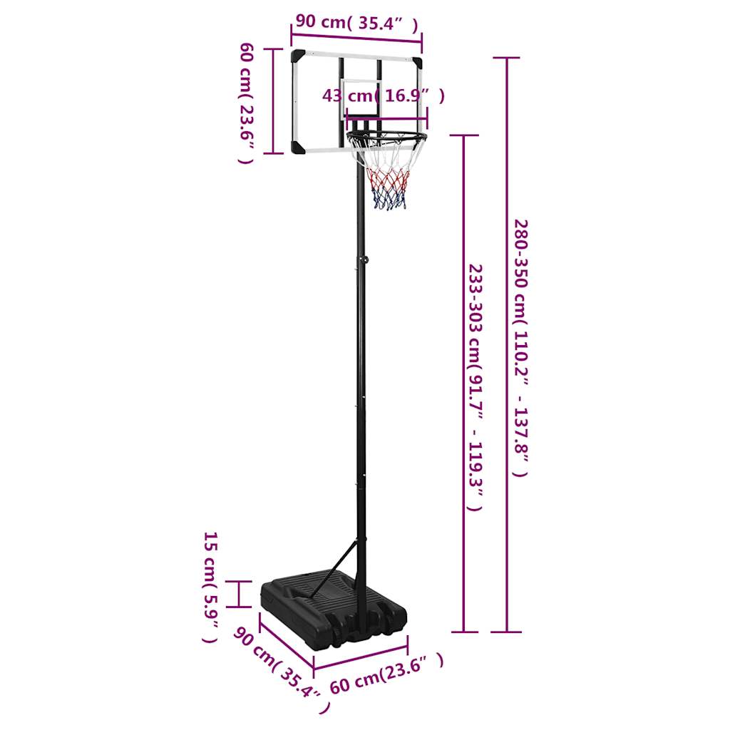 Tabela de basquetebol 280-350 cm policarbonato transparente