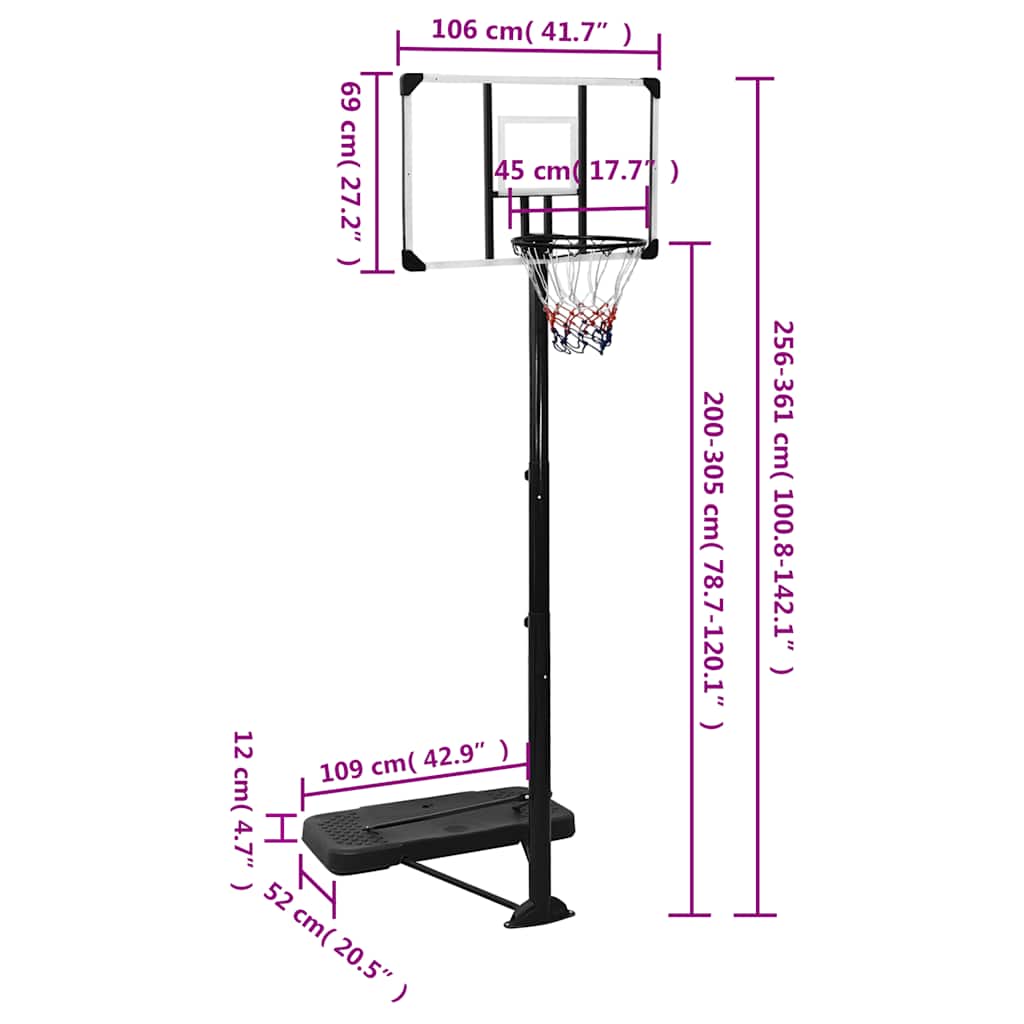 Tabela de basquetebol 256-361 cm policarbonato transparente