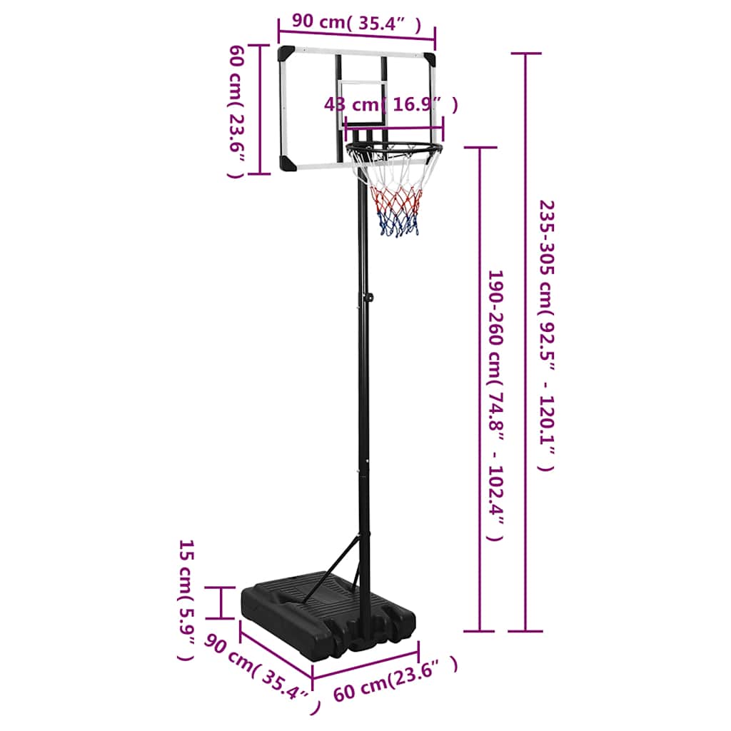 Tabela de basquetebol 235-305 cm policarbonato transparente