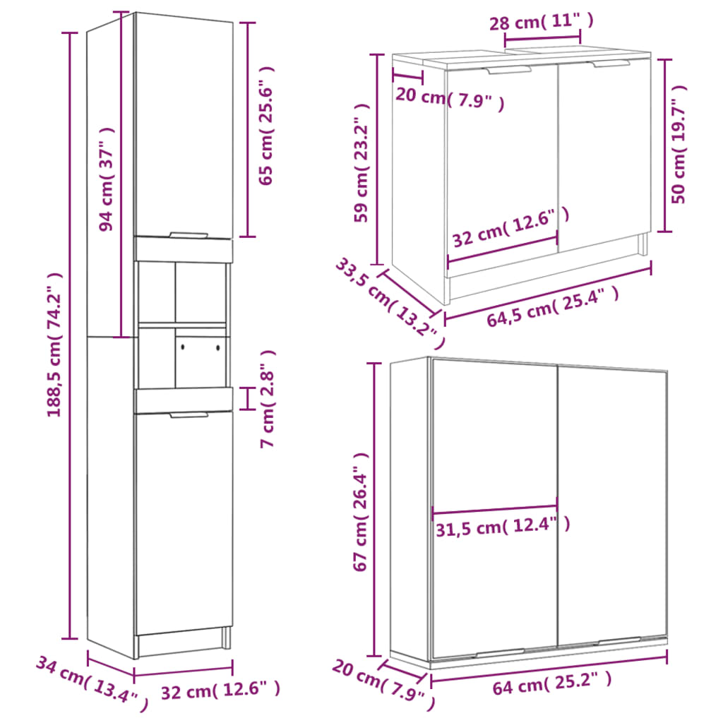 3 pcs conjunto móveis casa de banho madeira processada branco