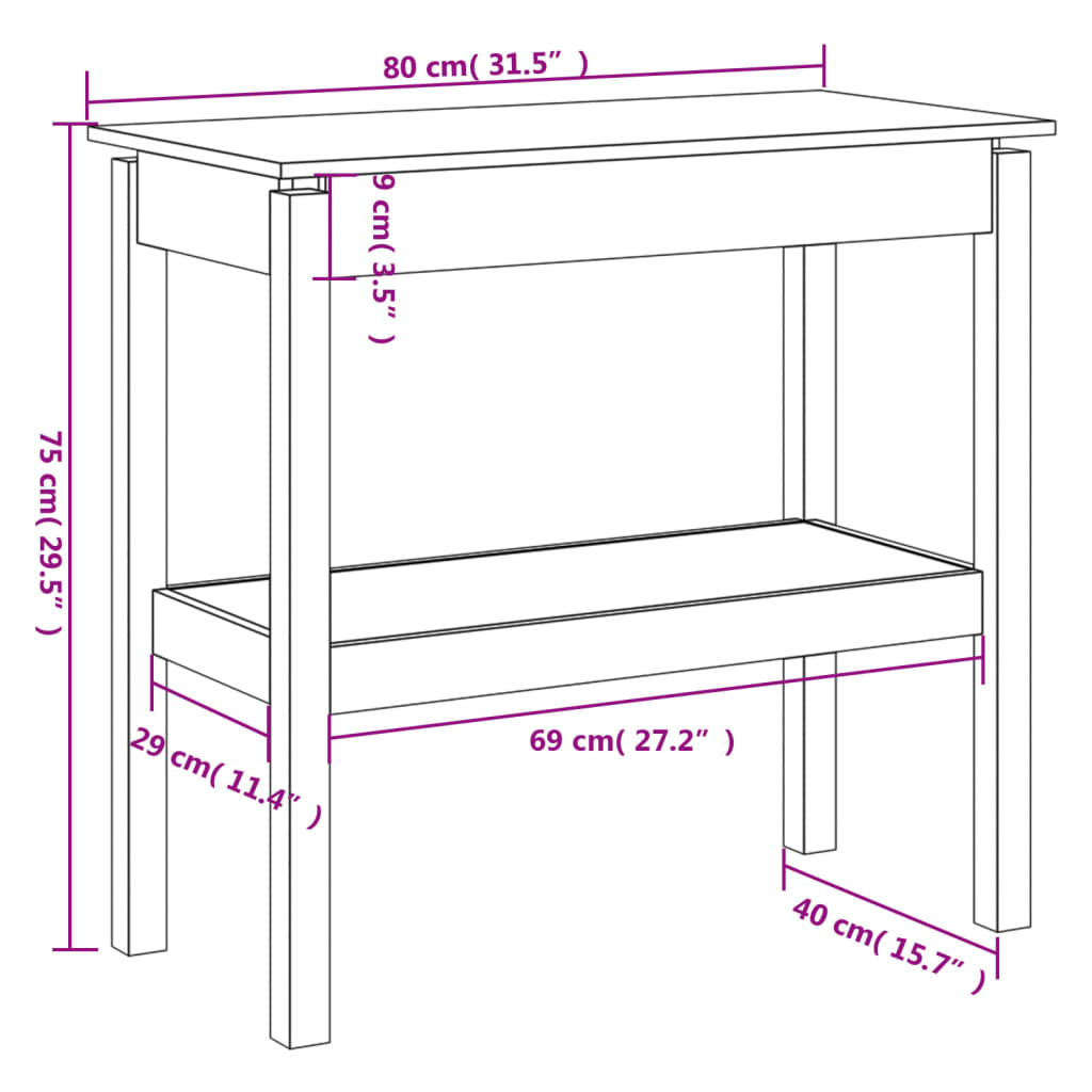 Mesa consola 80x40x75 cm madeira de pinho maciça branco