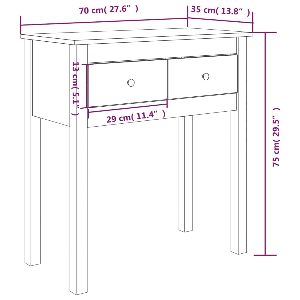 Mesa consola 70x35x75 cm madeira de pinho maciço