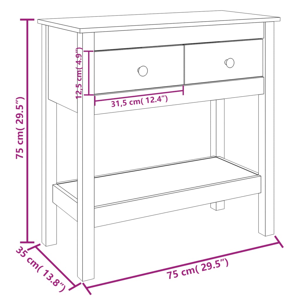 Mesa consola 75x35x75 cm pinho maciço branco