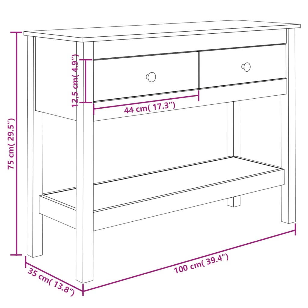 Mesa consola 100x35x75 cm madeira de pinho maciço