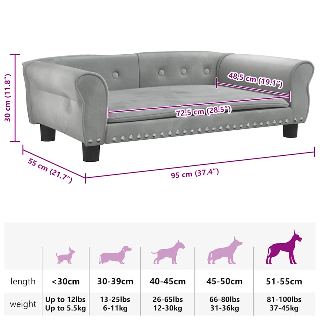 Cama para cães 95x55x30 cm veludo cinzento-claro