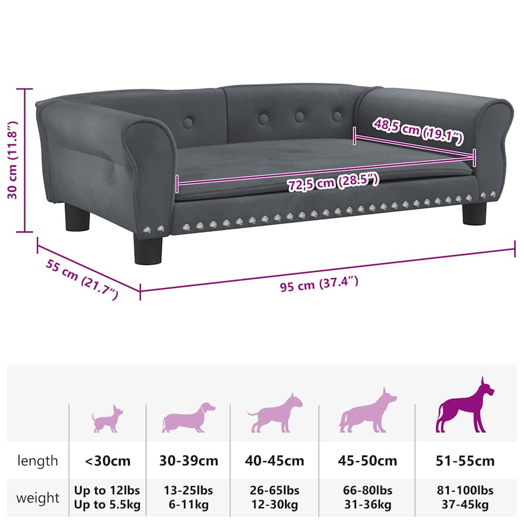 Cama para cães 95x55x30 cm veludo cinzento-escuro