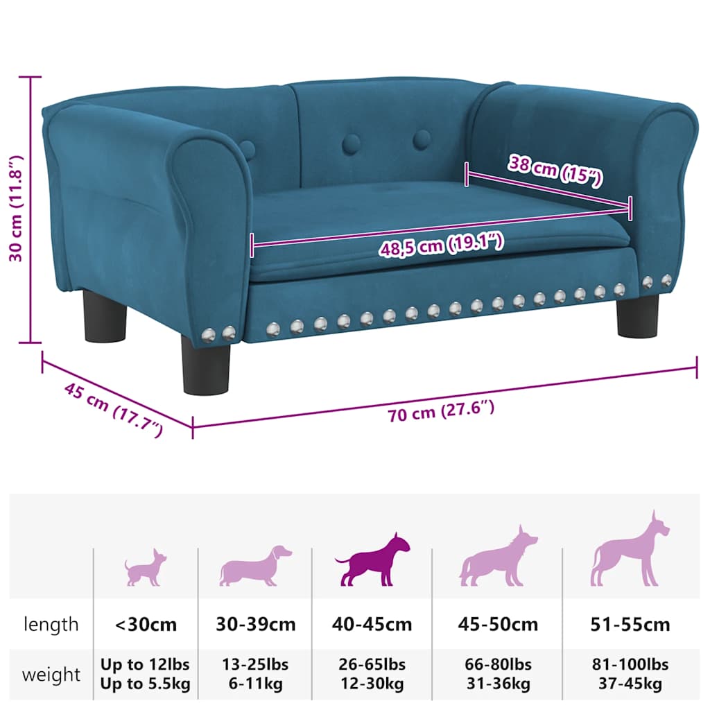Cama para cães 70x45x30 cm veludo azul