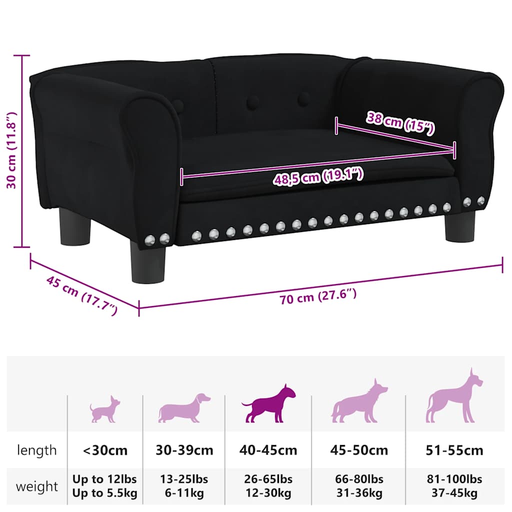 Cama para cães 70x45x30 cm veludo preto