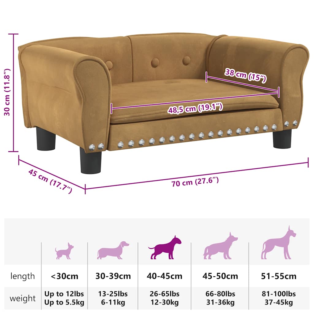 Cama para cães 70x45x30 cm veludo castanho