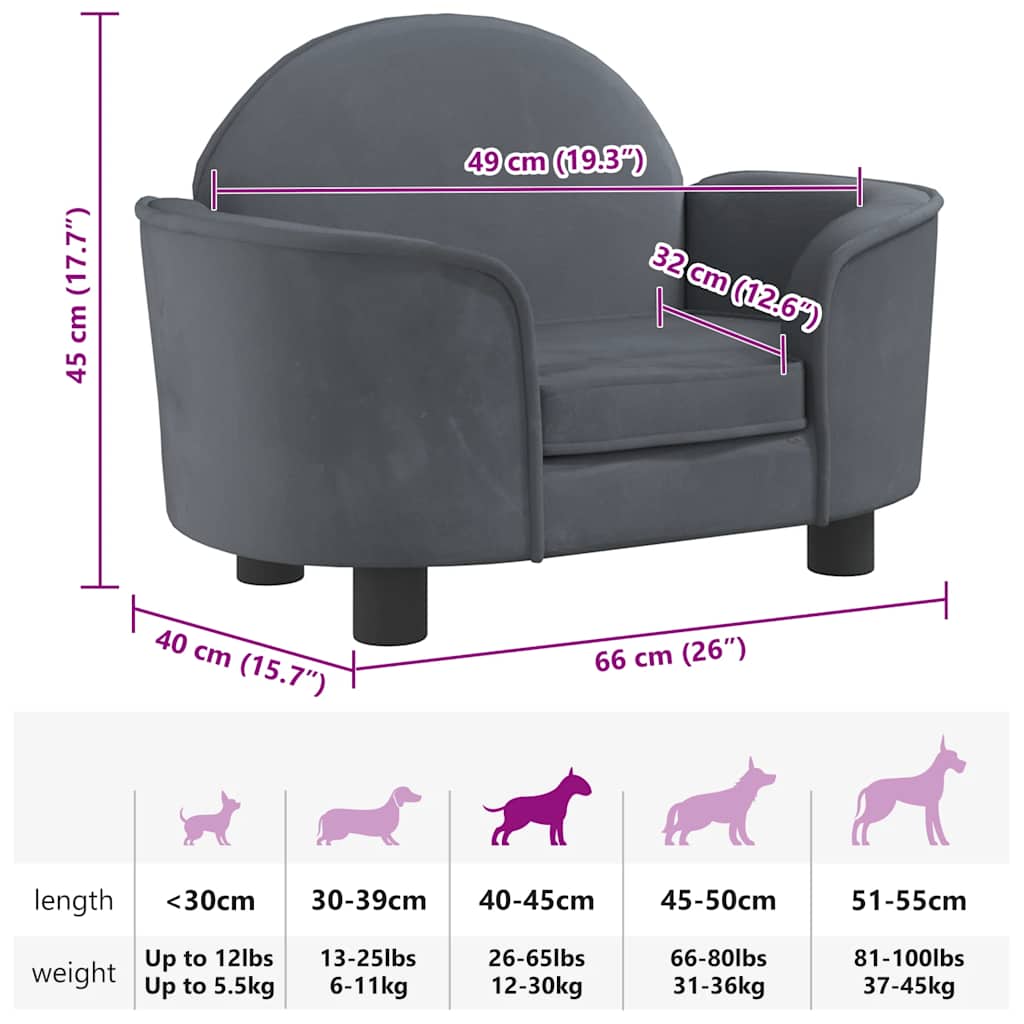 Cama para cães 66x40x45 cm veludo cinzento-escuro