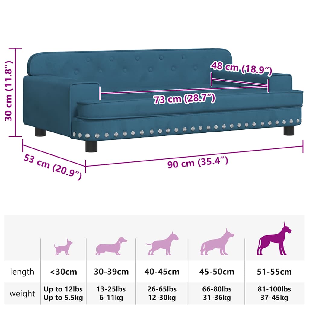 Cama para cães 90x53x30 cm veludo azul