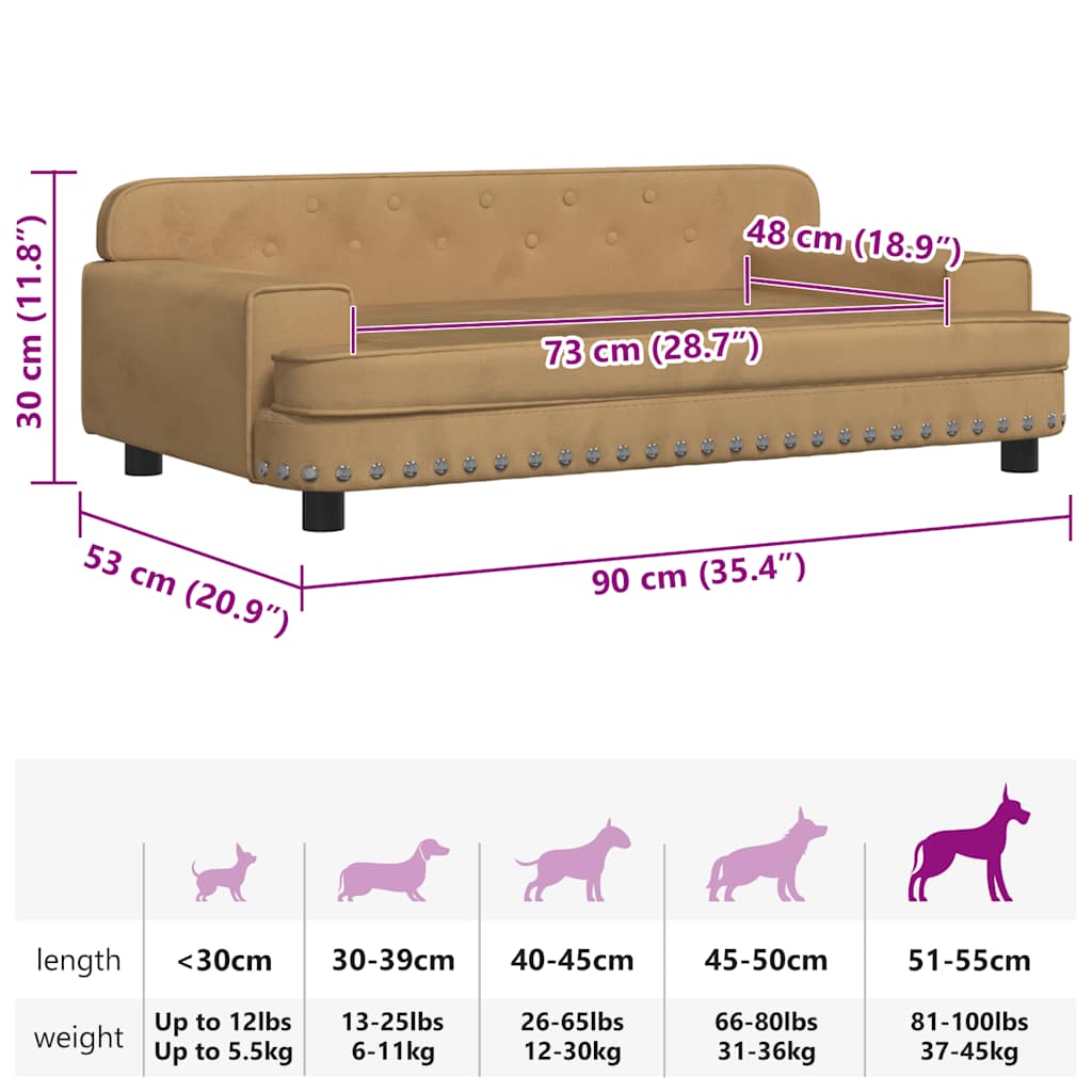 Cama para cães 90x53x30 cm veludo castanho