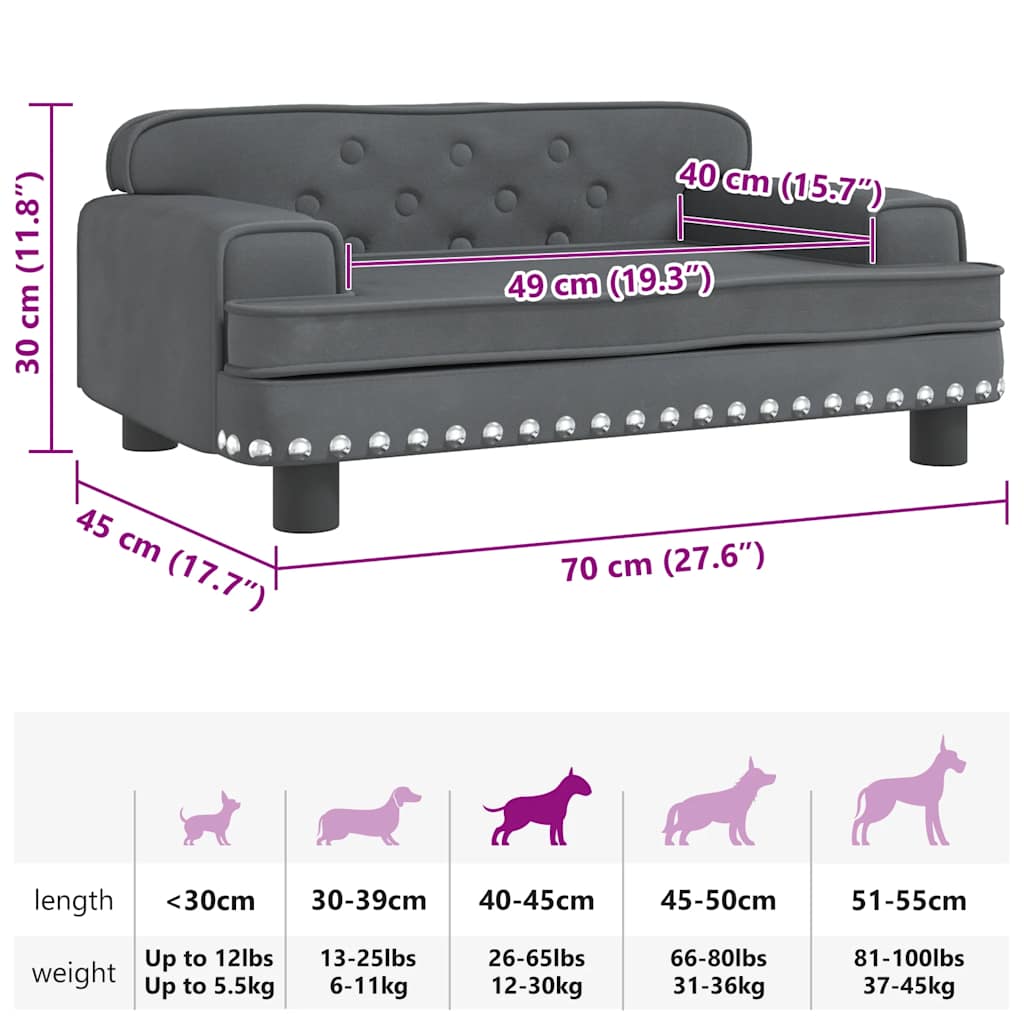 Cama para cães 70x45x30 cm veludo cinzento-escuro