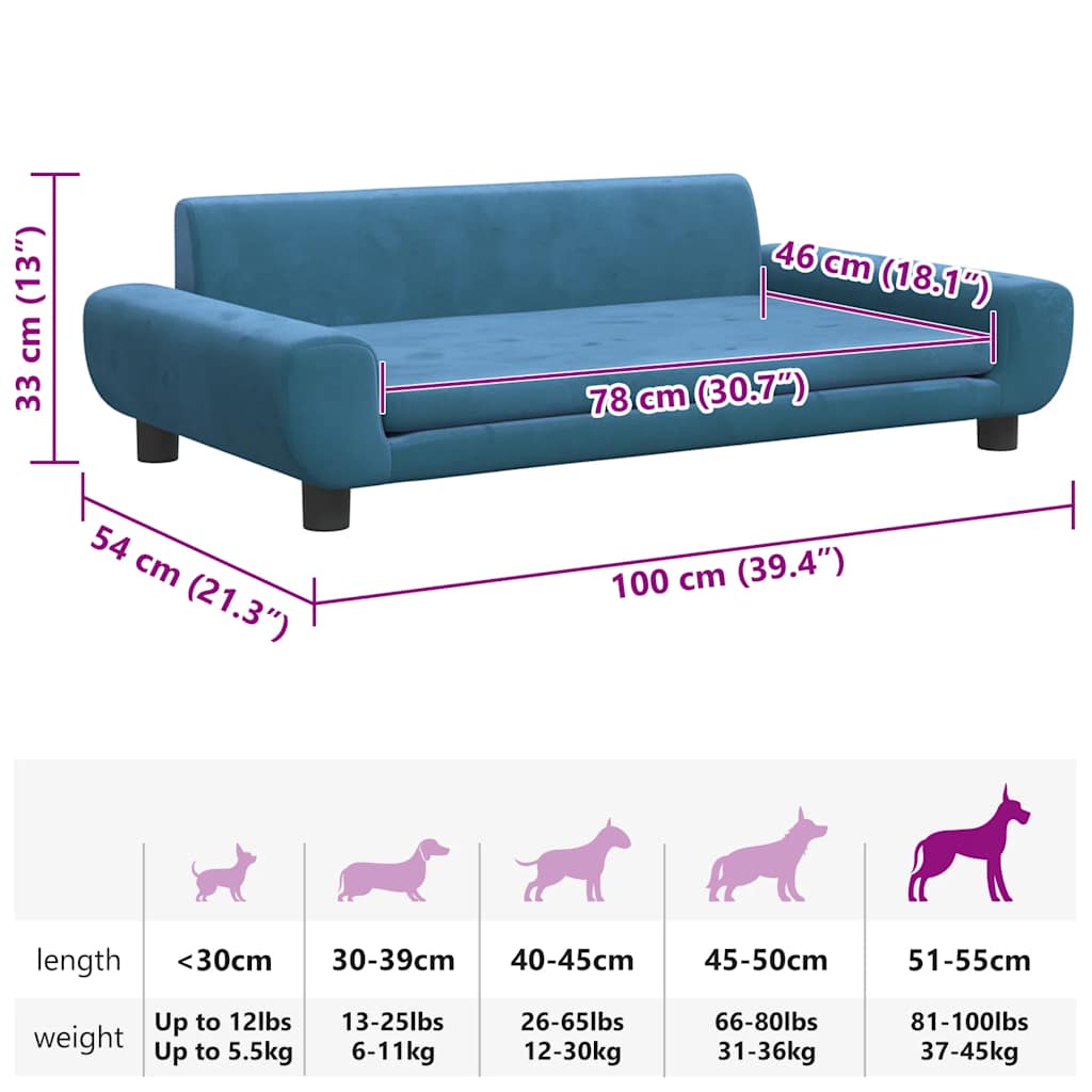 Cama para cães 100x54x33 cm veludo azul