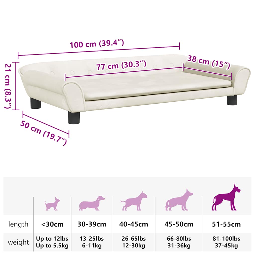 Cama para cães 100x50x21 cm veludo cor creme