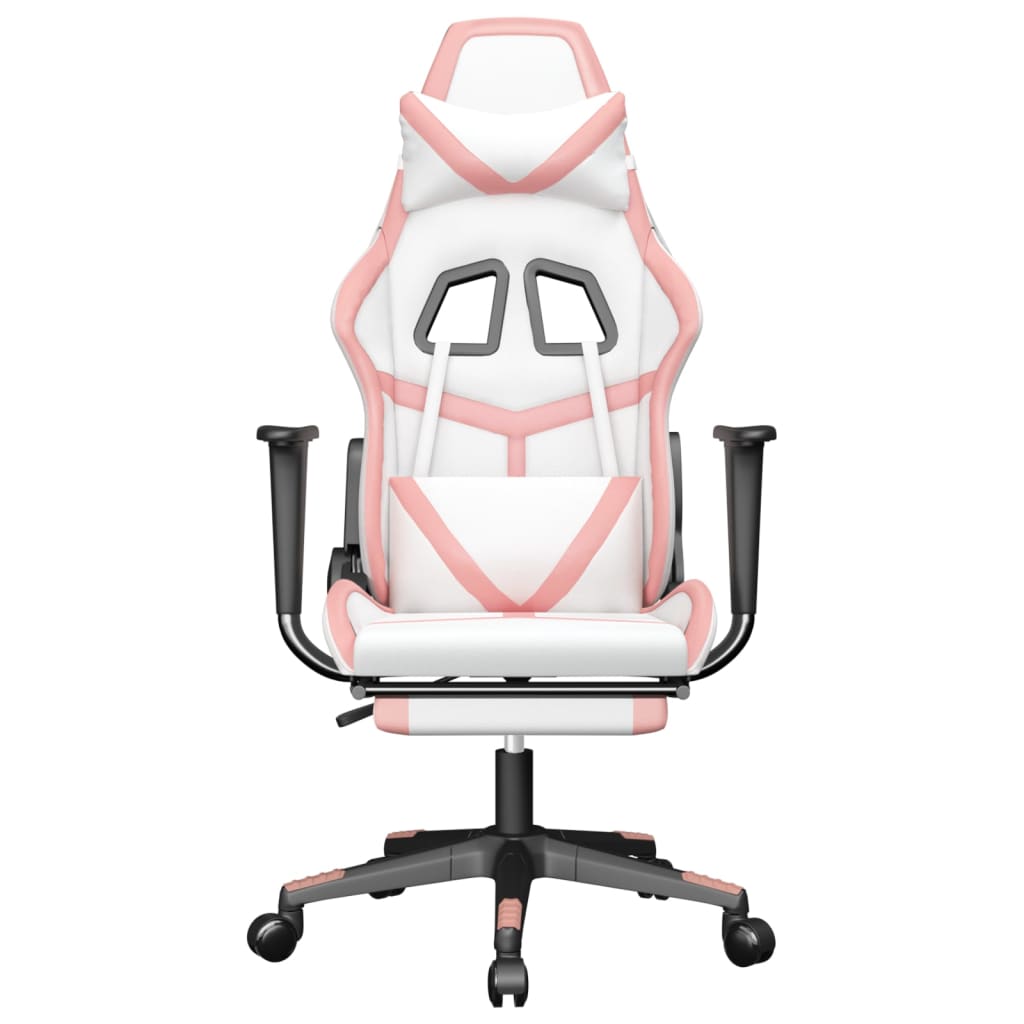 Cadeira gaming com apoio p/ pés couro artificial branco e rosa