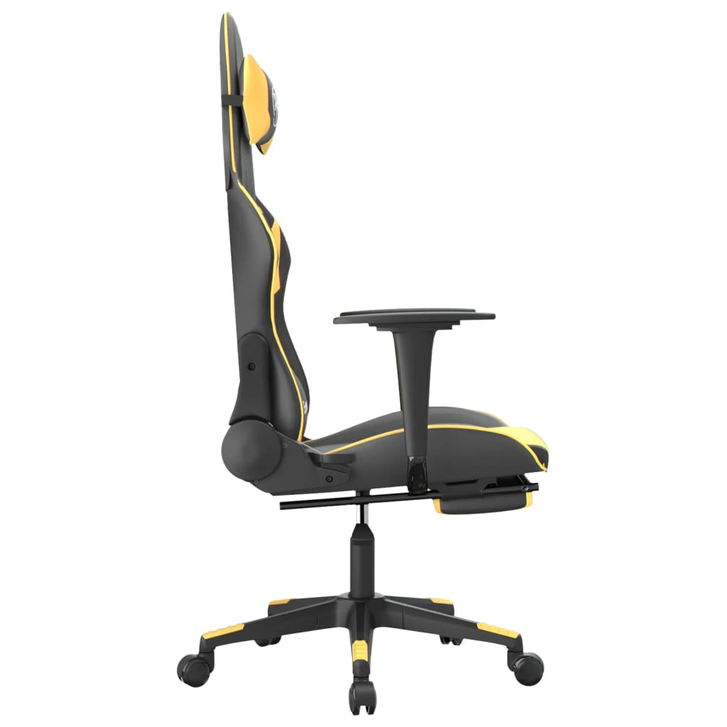 Cadeira gaming c/ apoio pés couro artificial preto e dourado