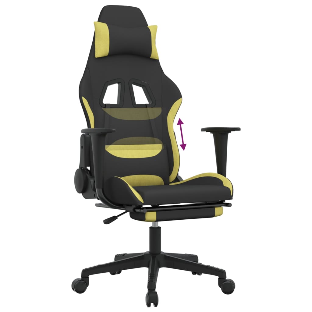 Cadeira de gaming com apoio de pés tecido preto e verde-claro