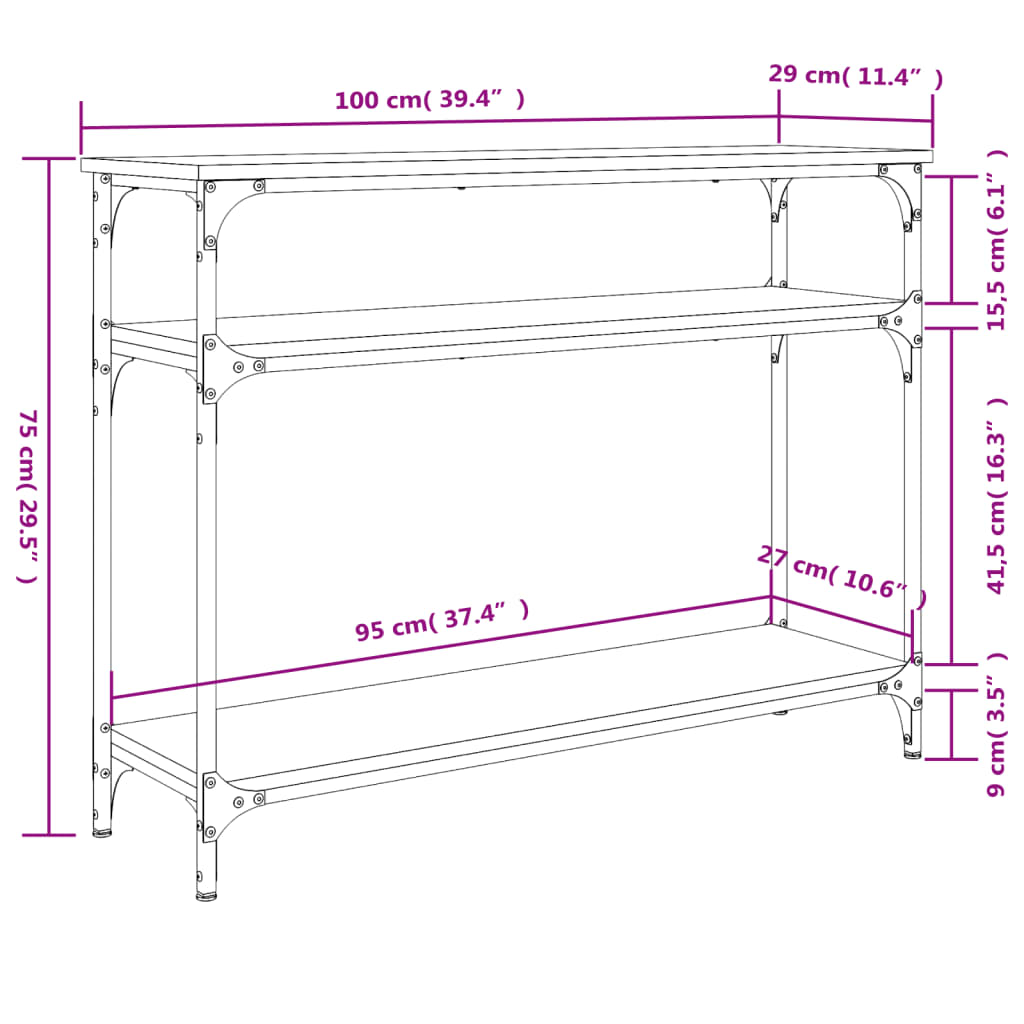 Mesa consola 100x29x75 cm derivados de madeira cinzento sonoma